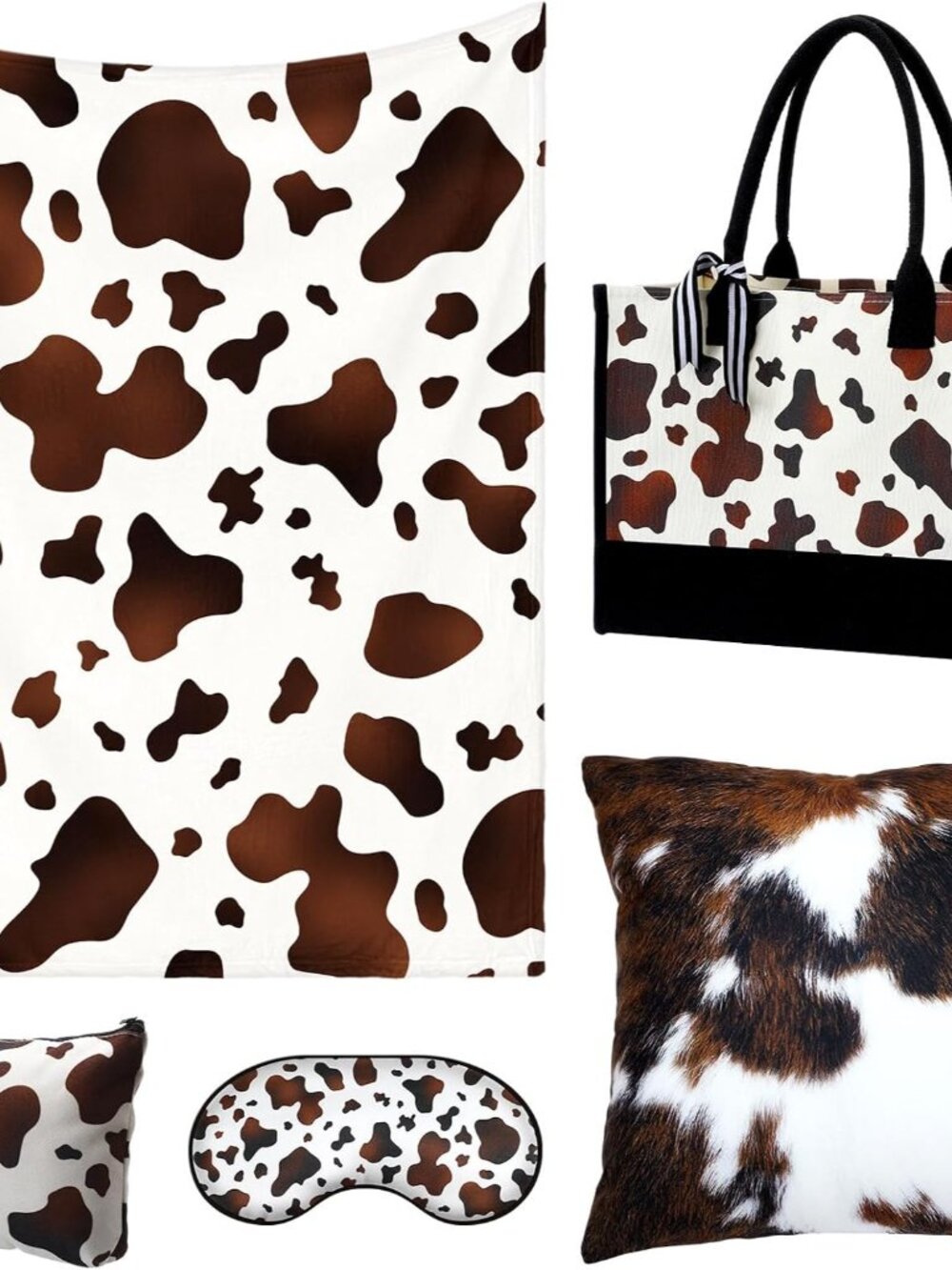 5 Pcs Cow Print Gifts Set Women Blanket Tote Bag Cosmetic Pillow